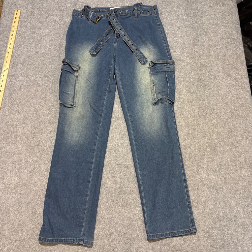 Fashion Nova Womens 16 Blue Cargo Jeans Grommet Belt Straight Leg WY2068
